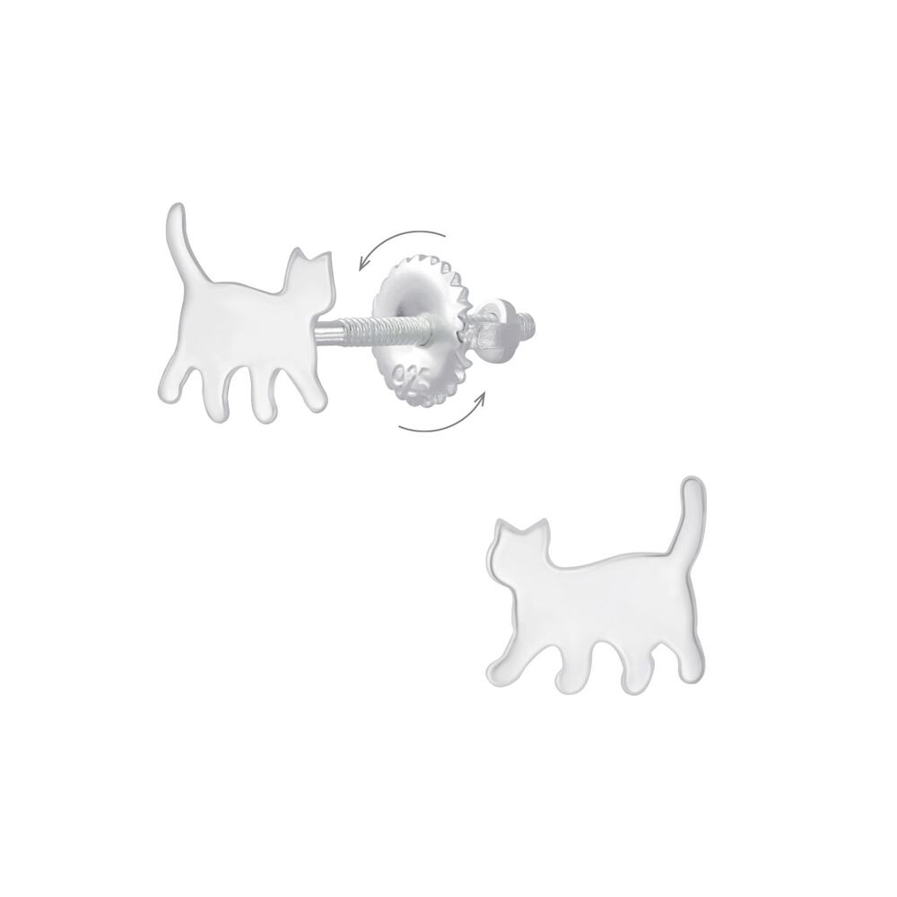 Silver Cat Screw Back Earrings